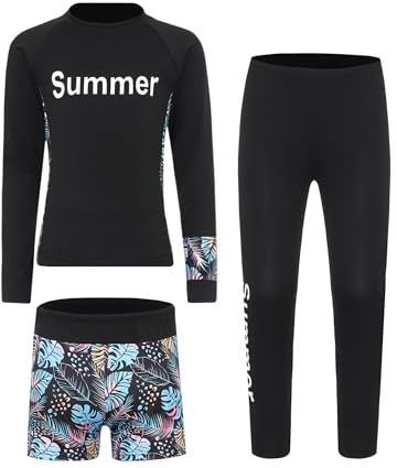 Sxiwei Badeanzug Mädchen Uv Surfanzug 3 Stück Langarm UV-Schutz Bade-Set T-Shirt Badeshorts Hosen Badebekleidung Schwarz 158-164