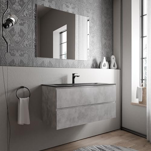 BERNSTEIN Badmöbel-Set Ava 100cm bestehend aus Mineralguss-Waschbecken mit Unterschrank in Beton, Waschtisch BRUXELLES - Schwarz matt mit Hahnloch, Ideal für mittelgroße Bäder und Badezimmer