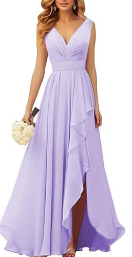 YIANN Robes de demoiselle d’honneur en mousseline à col en V pour femmes avec fente, robe de soirée ruchée en mousseline longue et formelle, lilas, 46