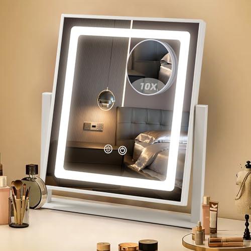 Azyvum Schminkspiegel mit Beleuchtung,Hollywood Spiegel 3 Farbtemperatur Verstellbares Licht, 360° Drehung, Touch Steuerung, Plug-in, Abnehmbar 10-fache vergrößerungsspiegel