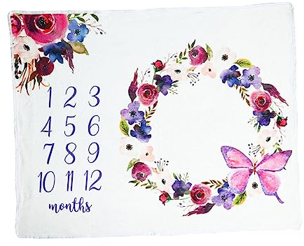 Lila Flanell Babyfotodecke mit Monatsmarkierung für Neugeborene | Großes Fotohintergrund Format, Weiches Dickes Flanell, Kranzmuster für Registry und Aufnahme