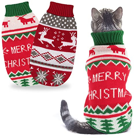 HYLYUN 2er-Set Katzenpullover, Weihnachtsmotive Rentier & Schneeflocke, S | Katzen-Weihnachtskostüm, Pullover für Katzen & kleine Hunde, weicher Acrylstrick, warm und bequem, 2 Motive, 2-2,9 kg