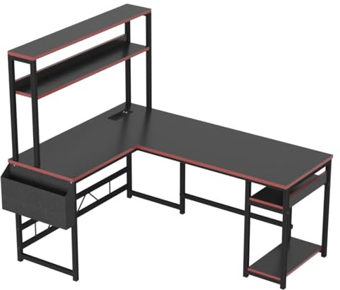 Devoko 160x120cm Gaming Tisch mit Steckdosen und USB-Anschlüssen, Schwarz | Schreibtisch mit LED, Eckschreibtisch Gaming Schreibtisch, Computertisch mit Aufbewahrung, Rahmen aus Stahl
