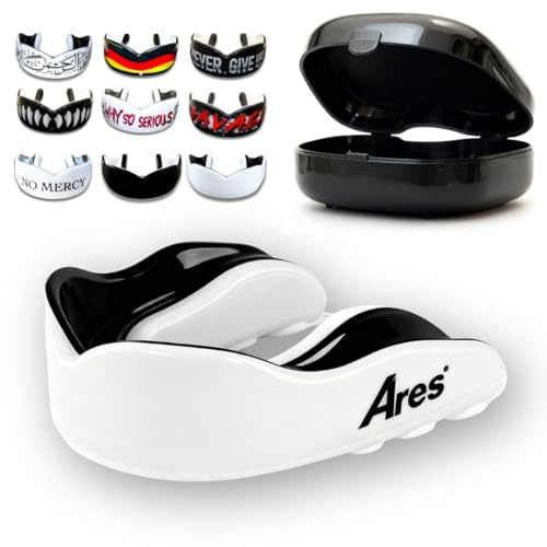 Ares Fightwear® Protector bucal prémium con caja de almacenamiento para artes marciales, MMA y atletas. Máxima protección bucal gracias al ajuste ideal en alta calidad. Protector profesional para