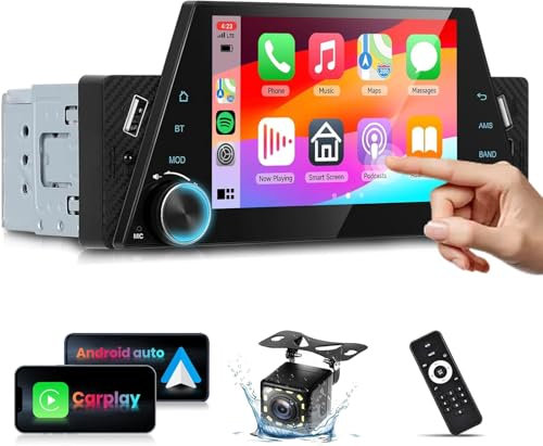 Podofo Single Din Car Stereo Radio with Carplay and Android Auto, 5 inch HD Touch Screen 1 Din Head Unit Bluetooth 5.0 with Mirror Link FM Radio 3-USB/Type-C Slot + SWC Rear Camera Remote Control