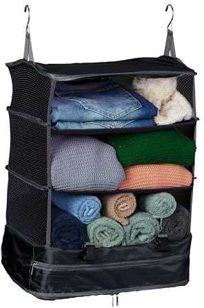 Relaxdays Gepäck Organizer zum Hängen, HBT 55x44x30 cm, Kofferorganizer faltbar, 4 Fächer, tragbarer Packwürfel, schwarz