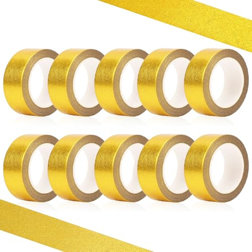 BetterJonny Lot de 10 Rouleaux de Ruban Adhésif Washi en Feuille Dorée, Ruban de Masquage Adhésif Décoratif en Feuille de Papier Washi - 15 mm x 5 m - Doré pour Bricolage, Scrapbooking, Artisanat