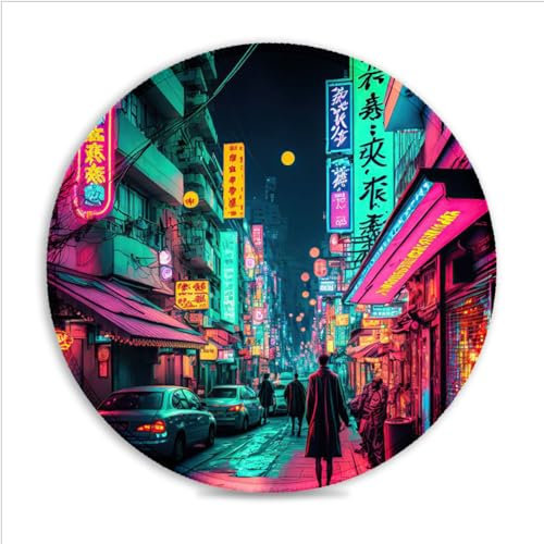 Tokyo Neon - Tappetino per mouse da gioco, 20 x 20 cm, 7,87 cm, tappetino per ufficio, rotondo, ecologico, bordi cuciti, base antiscivolo, pieghevole, compatibile con mouse laser e ottici