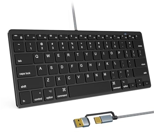 Kabelgebundene Kompakt-Tastatur für Mac, 78 Tasten, USB-A/C, schwarz | US-QWERTY-Layout, 12 macOS-Kurzbefehle, leise Scissor-Tasten, 8° Neigung, ultraschlank, platzsparend, 140-cm-Flechtkabel
