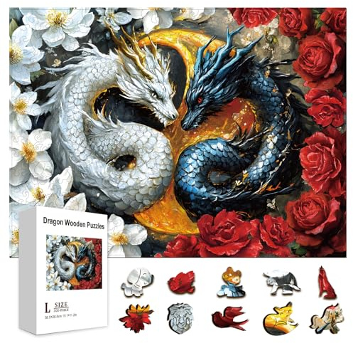 GLOBLELAND Holzpuzzle Erwachsene 300 Teile Holzpuzzles Yinyang Drache Wooden Puzzle Unregelmäßige Einzigartige Puzzle für Erwachsene Kreatives Weihnachten Geschenke 11.22x15.16 Zoll