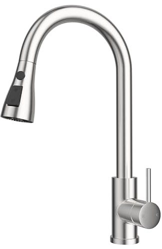 WLTEDRGO Brushed Stainless Kitchen Tap, 360° Swivel Kitchen Sink Taps with Pull Out Spray, Stainless Steel Mixer Tap with 3 Functions, 1 Hole Single Lever High Arc Sink Taps, High Pressure Faucet