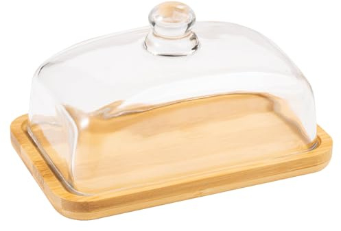 LiangYuanZen Mantequera de cristal con tapa hermética – Plato para mantequilla y mantequilla – Butterbox de madera de bambú