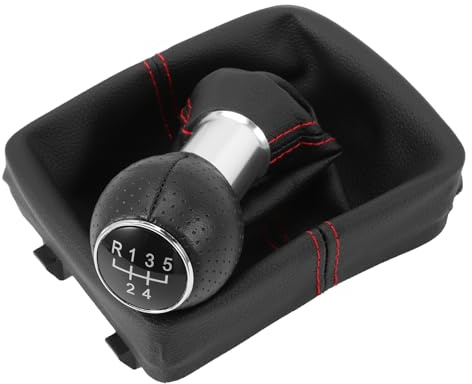 Schaltsack Schaltknauf Schaltmanschette Schwarz 5 Gang Kompatibel mit Polo 9N 9N2 9N3 6Q1711113 Schalthebel mit Roter Naht