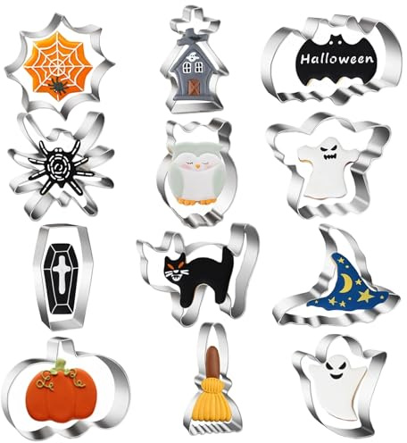 Juego de 12 moldes para galletas de Halloween, de acero inoxidable, con forma de murciélago y fantasma para manualidades, galletas, pasteles y decoración de fiestas