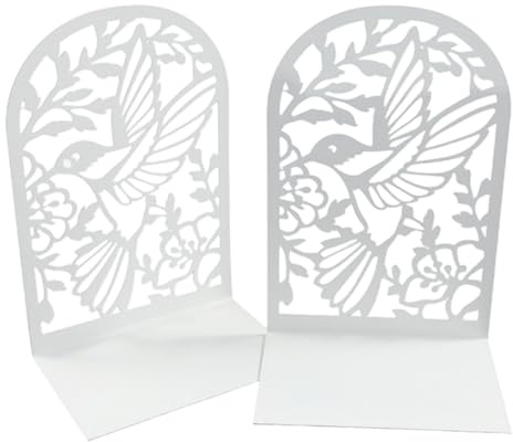 2 sujetalibros de metal para estantes ahuecados con flores de pájaro y sujetalibros de metal resistentes, topes decorativos para estantes, sujetalibros modernos para oficina y biblioteca
