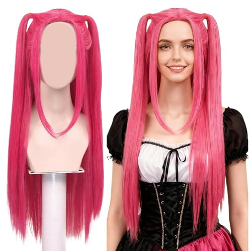 Cosplay Perruque Characute Anime Chasseur, cheveux longs roses avec filet à cheveux, pour jeux d'Halloween, accessoires de cosplay, accessoires d'Halloween