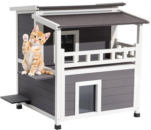 VEVOR Maison Chat Surélevée, 84 x 75 x 82 cm, Niche Chat Extérieur Isolation en Mousse, Abri en Bois 2 Étages, avec Balcon, Toit en Asphalte, pour 1-3 Chats Sauvages d'Intérieur d'Extérieur en Hiver