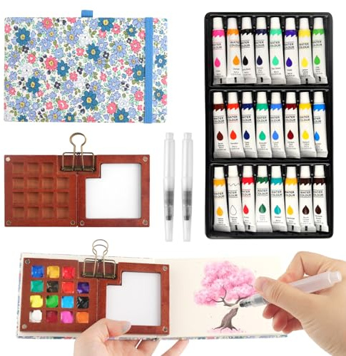 Mini Aquarell Travel Set 24 Farben, Tragbares Holz Malpalette Malkasten | mit Aquarellpapier Aquarellpinsel Stiftel Clip, Wood Pocket Artist Aquarell-reiseset für Künstler, Outdoor Skizze, Anfänger