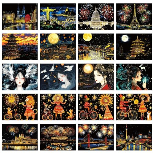 20pcs A4 Scratch Art Paper, Adult Kids Scratchboard Kit 20 Card Scraper