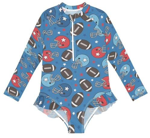 ALAZA Girls One Piece Swimsuits American Football Helmet Long Sleeve Rash Guard Swimwear UPF50+ UV Protection Sunsuit Toddler Bathing Suit with Zipper