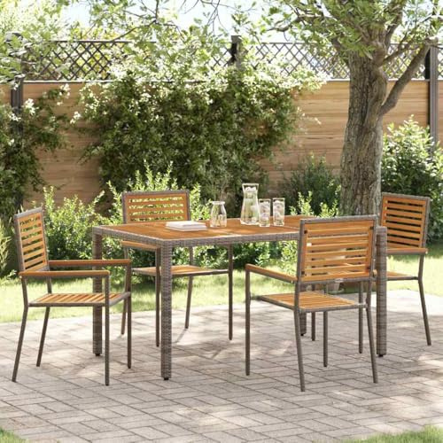 HGBNMER Garten Essgruppe 5 pcs Grau und Braun Poly-Rattan Outdoor-Esstisch Gartensessel modernes Esszimmer-Set mit Akazienholz-Details
