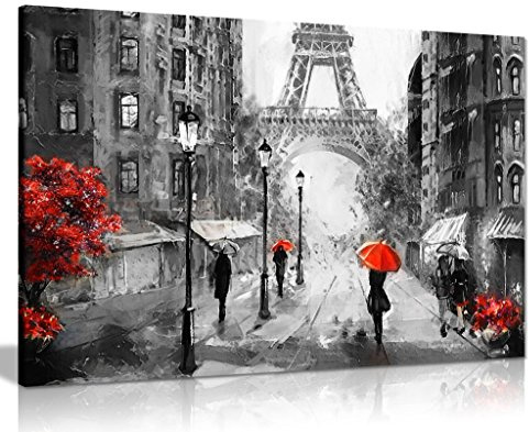 Black White Red Oil Painting Paris Eiffel Tower Street View Canvas Wall Art Picture Print (36x24)