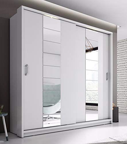 Arthauss Modern Bedroom Mirror 2 Sliding Door Mirror Wardrobe Arti 14 in White Matt 220cm - Flat Pack Furniture, Exceptionally Spacious, LED Lighting, Eight Shelves and Two Hanging Rails
