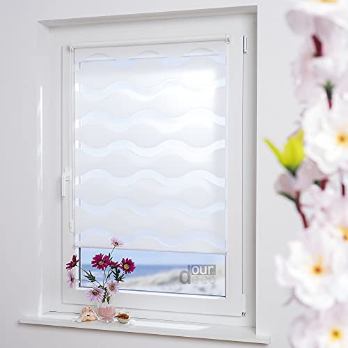 ourdeco® Doppel-Rollo, Duo-Rollo / 90 x 150 cm in Wellenform Wave weiß/lichtdurchlässig, Blickdicht/Montage ohne Bohren