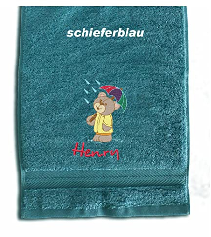 Besticktes Gästehandtuch Kinderhandtuch Teddy mit Regenschirm | Personalisiert mit Namen, weitere Stickmotive wählbar
