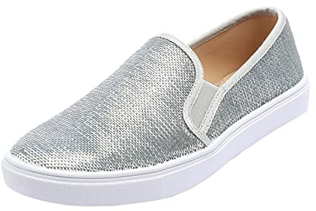 Feversole Women's Featured PU Leather Lace-Up Sneaker, PU läder snörning sneakers för kvinnor, Silvrig paljett, 39 EU