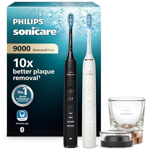 Philips Sonicare DiamondClean 9000 elektrische Zahnbürste, Schallzahnbürste mit App, Andruckkontrolle, 4 Putzmodi, 3 Intensitätsstufen, Ladeglas, Schwarz und Roségold, Zweierpack, Modell HX9914/57