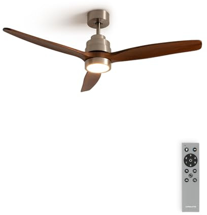 CREATE / WINDSTYLANCE NATURAL WOOD/Ventilador de techo con luz níquel aspas madera oscura con mando / 40W, Silencioso, Ø132 cm, 6 velocidades, temporizador, verano-invierno, doble altura