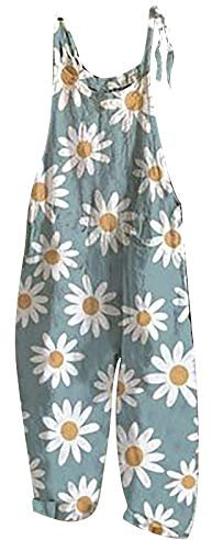 LUCKME Womens Dungarees Casual Boho Sleeveless Jumpsuits Summer Overalls Loose Skull Printed Wide Leg Floral Rompers Long Playsuit with Pocket Holiday Beach UK Size 12-22 (Blue, M)