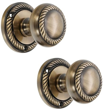 Infinity Decor Solid Brass Heavy Duty Sprung Georgian Round Mortice Door Knobs Pull Handles Set 50mm (Antique)