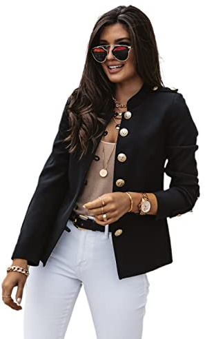 Freenfitmall Otoño Moda Mujeres Chaquetas Abrigo Manga Larga Sólida Trajes Botón Abrigo Slim Oficina Señora Slim Chaqueta Blazer, Negro, 40