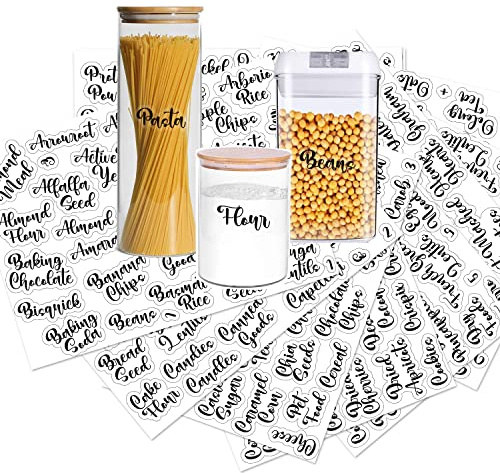 v2croft 430 Kitchen Pantry Labels for containers, Preprinted Black Script Text on White Clear Vinyl Food Name Stickers,Organization Labels for Jars Canisters & Storage Bins(Water Resistant)