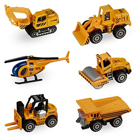 Relaxdays Vehículos Construcción Niños, Set 6 Excavadoras Juguete, Miniconstrucción, Desde 3 Años, Metal, Naranja/Negro