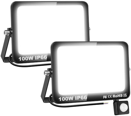 SKYWORLD 2 Pcs 100W Projecteur LED Extérieur avec Détecteur de Mouvement | 10000LM Spot LED Extérieur, IP66 Étanche Éclairage de Sécurite Lampe pour Patio Garage Jardin Cour Terrasse 6000K Blanc Froid