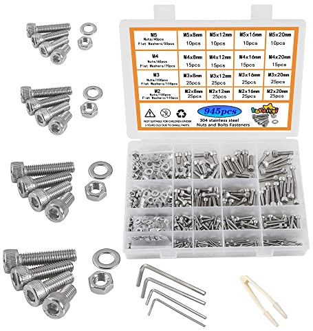 huruirui M2 M3 M4 M5 Schrauben und Muttern Set Unterlegscheiben Sortierter Satz 304 Edelstahl 945pcs Zylinderkopfschrauben Gewinde Maschine Schrauben Hex Bolzen Reparatur Werkzeuge