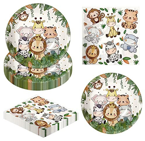 AIBAOBAO 40 Piezas Vajilla De Fiesta Para 20 Invitados, Jungle Animals Party Vajilla, 20 Platos Desechables + 20 Toallas De Pape Party Vajilla Set Para Baby Shower, CumpleañOs, Campamento De Verano