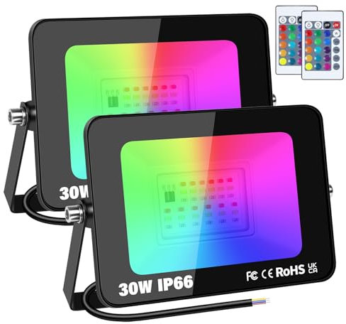 RIGIDON 2 Pack 30W RGB Projecteur LED Extérieurs Avec Télécommande, Exterieur & Interieur 16 Couleurs 4 Modes RGBW Lumière de Projecteur, Neon Spot Led Pour Jadin, Terrasse, Patio, IP66 étanche