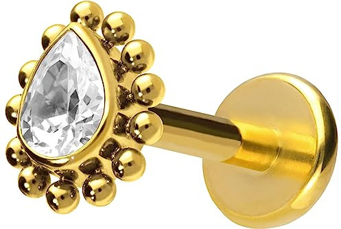 PIERCINGLINE Titan Labret mit Push Fit KRISTALLTROPFEN + KUGELN Piercing Ohr Helix Conch Tragus Goldfarben 1,2x8 mm