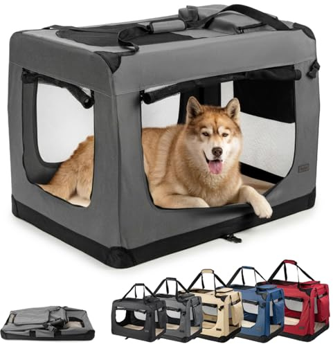 lionto Transportbur vikbar för resa & bil, 101x69x70 cm, stabil bur med bärhandtag & filt för katter & hundar upp till 25 kg, robust tygbur för små & stora husdjur, grå
