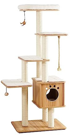 Torre for gatos de 67 pulgadas con plataforma multicapa y condominio, moderno árbol de madera for gatos, árbol alto for gatos con postes rascadores de cuerda de sisal, muebles de condominio for gatos