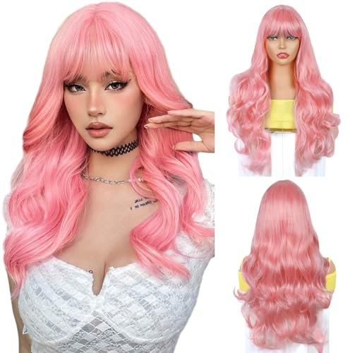 BECUS Pink Wig Body Wavy Wigs for Women Synthetic Wig Natural Curly with Straight Bangs for Cosplay Party Halloween Costume(24-Pink)