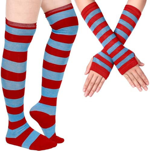 Armstulpe Beinwärmer für Damen Gestreifter Oberschenkel Strumpf Fingerlose Handschuhe Streifen Strumpf (Rot und Blau)