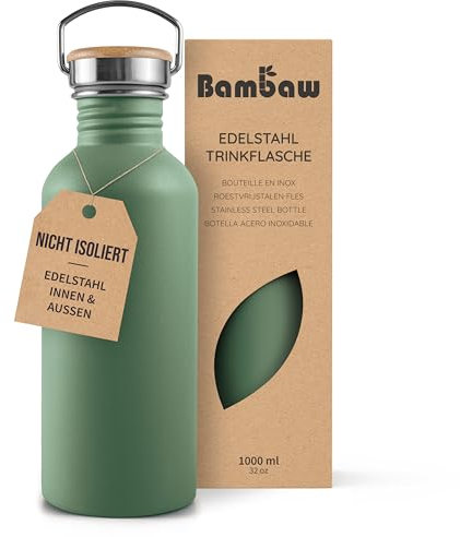 Bambaw Stainless Steel Water Bottle 1l, Green Water Bottle, Non-Insulated Water Bottle, Metal Water Bottle, BPA Free Water Bottle, Leakproof Water Bottle, Reusable Water Bottle – Sage Green