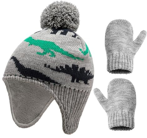 EUPSIIU Baby Mütze und Handschuhe Set Wintermützen Dinosaurier Strickmütze, Warme Kindermütze, Junge Wintermütze und Fäustlinge, Kleinkind Winter Strickmütze Hüte für Jungen Mädchen (Mehrfarbig)
