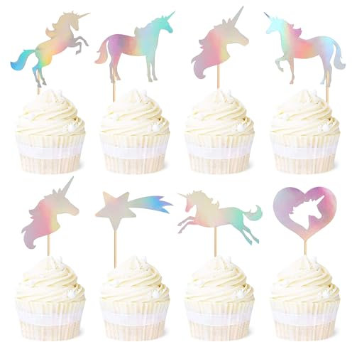 Blumomon 28 Stück Unicorn Cupcake Toppers Silberlaserpapier Einhorn Kuchen Topper Picks Babyparty Dekoration Zubehör Party Dekoration Supplies Einhorn Kuchen Dekoration