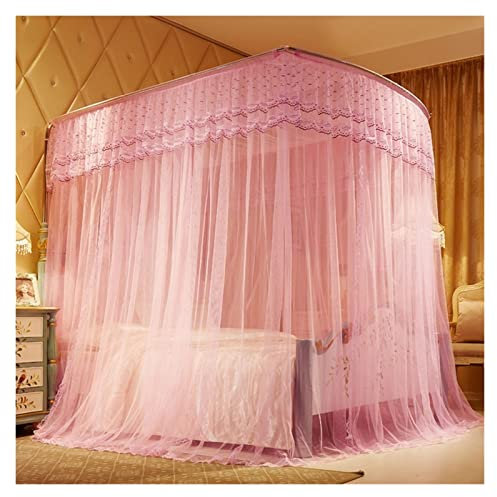 GLMGBP Angelrute Teleskop-Moskitonetz, U-förmiges dreitüriges Moskitonetz, Betthimmel, King-Himmelbett (Farbe: Rosa, Größe: 1,8 * 2,0)